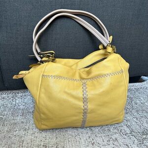 Oryany Womens Yellow & Tan Pebbled Leather Tote